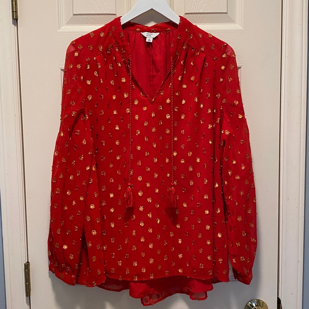 Crown & Ivy Red and Gold Metallic Clip Dot Blouse EUC